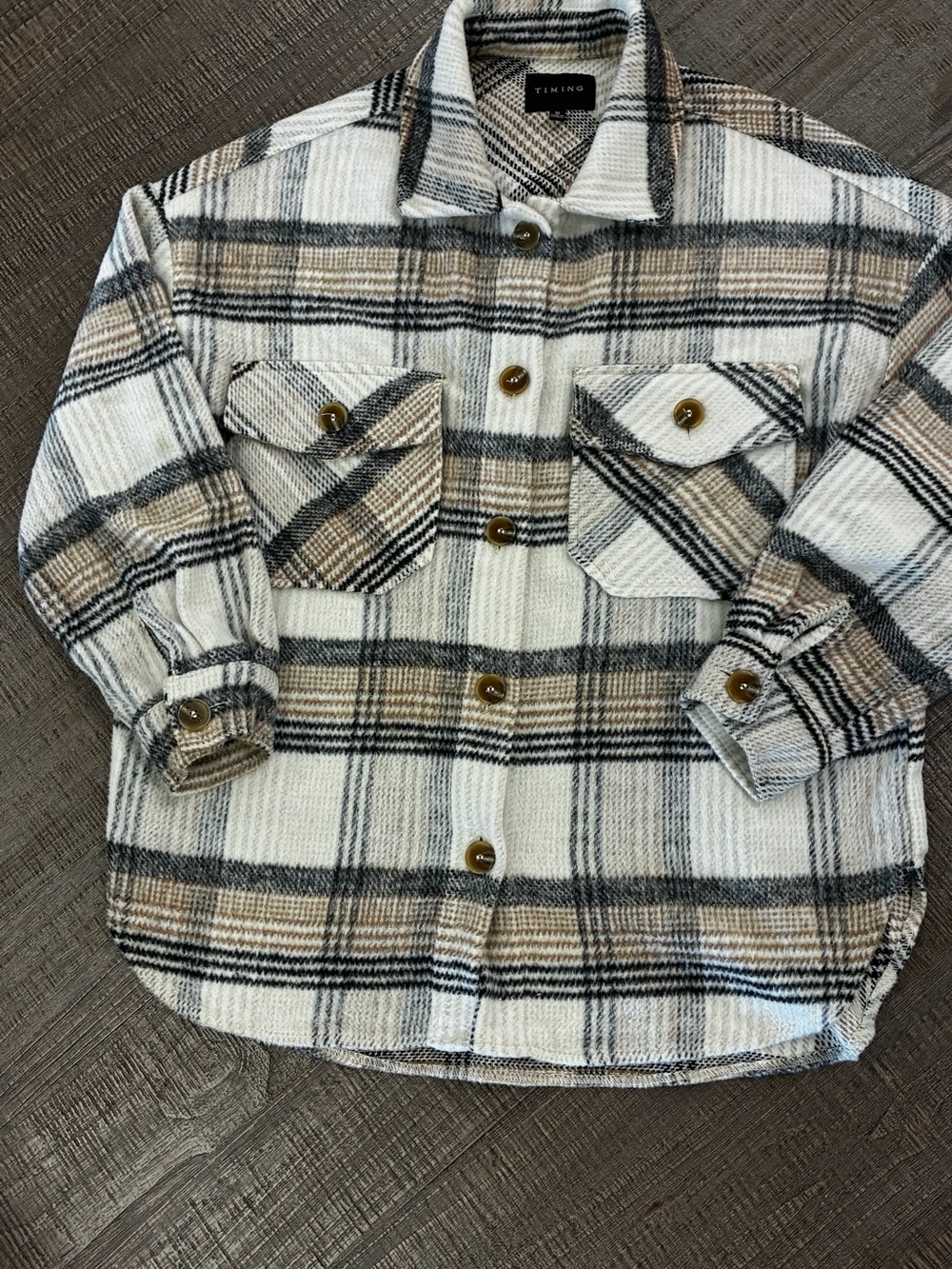 Timing women’s White, Beige & Gray Plaid Button-Down Shirt polyester size medium